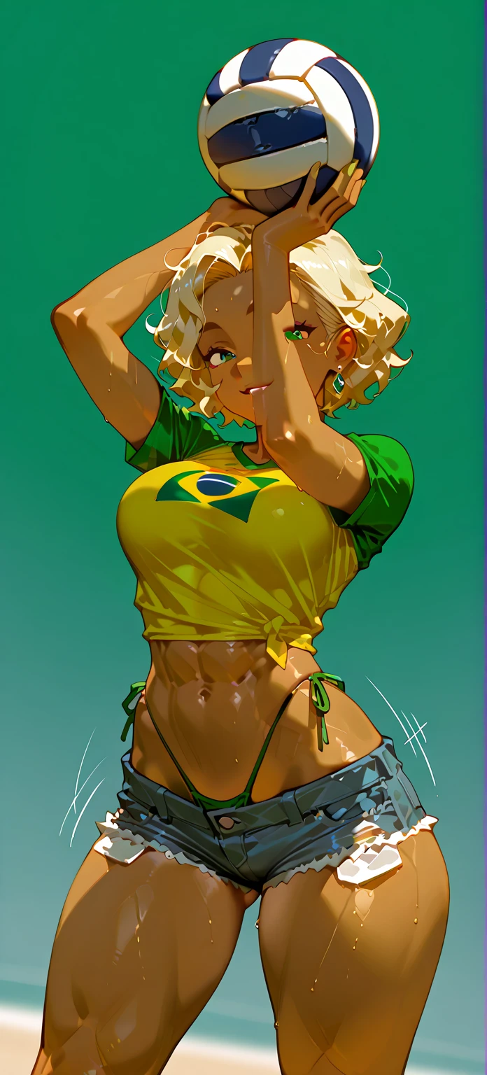 Black man with golden hair, dark green eyes, green and blue uniform and also dark blue. In the middle of the chest, the Brazilian emblem.