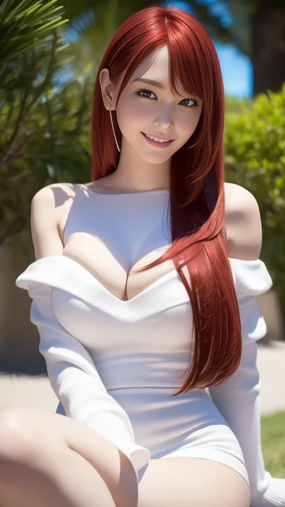 Woman, Red Hair, long hair, ((White Mini Skirt)), Blue top, black lingerie, sitting on park bench with legs open, seductive Smile, Large breasts, hands on chest