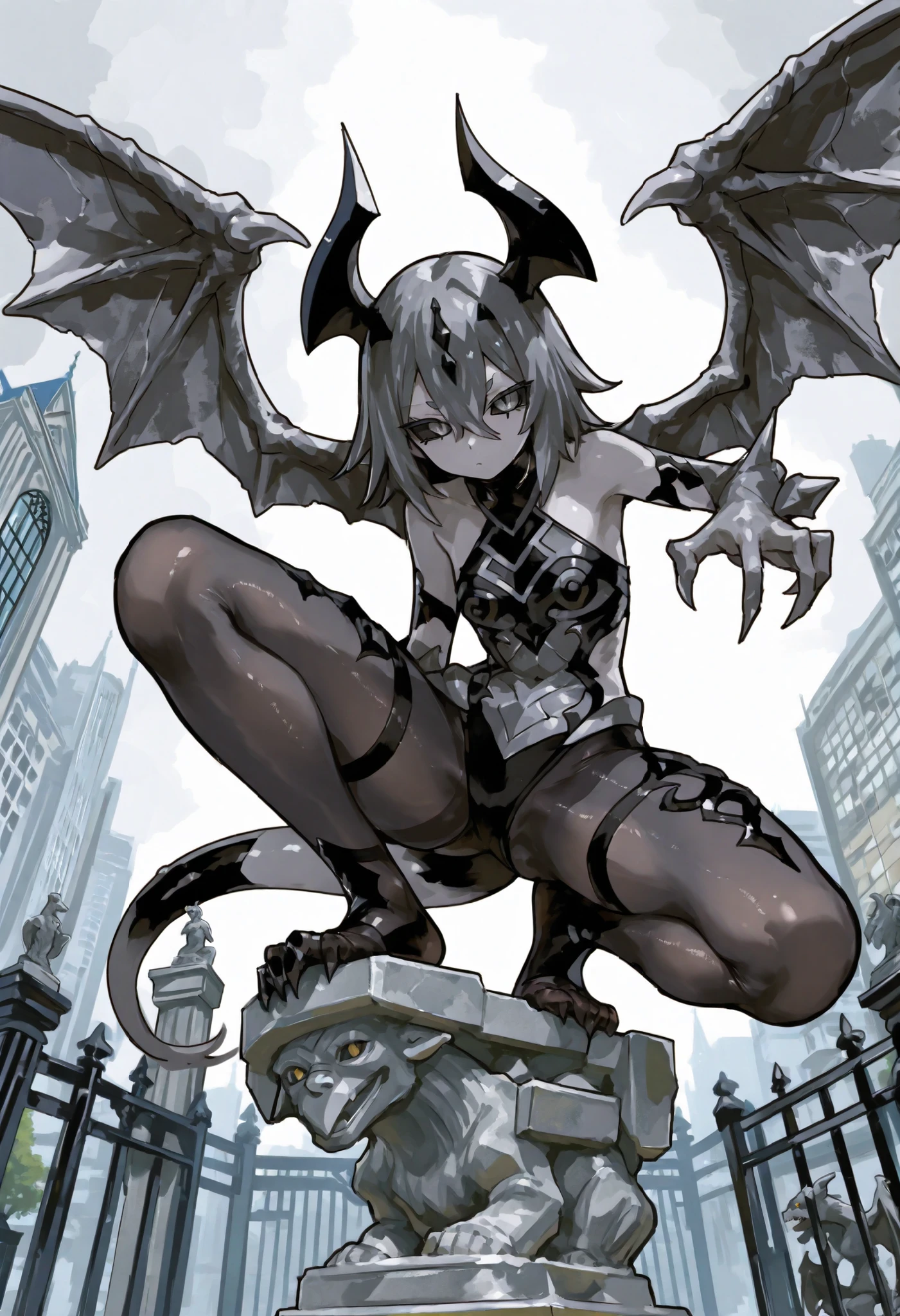 Gargoyle Girl。enemy monster。Stone Design。black sclera。city gate。sculpture statue。Grey Rock Face。inner tights。stone texture integrated with status。crouching。Stone wings。Stone Statue's Body。Kuroku Kuroku。Low kick
