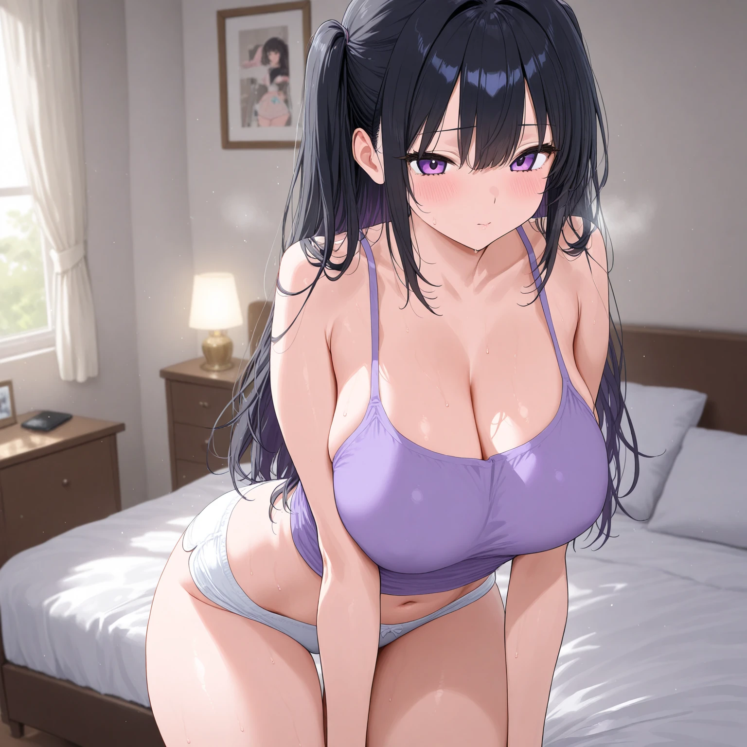 (((8k))), (((Masterpiece))), (((Ultra-detailed))), (((Superlative))), Mature woman, (((very long black hair))), (((high ponytail hairstyle))), (((purple eyes))), (gigantic breasts), (((thighs))), (pouting), (((blushing))), (((choker))), (((bedroom))), ((glowing eyes)), ((((off the shoulder white sweater)))), (((slim body))), (((bare shoulders))), (((Glasses))), (((black stocking))), (((black panties))), (((cleavage))), (((arms behind back))), (((crop top)))