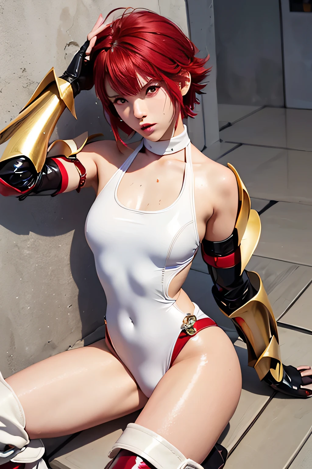 (Muscular:2.3), (thick thighs:2.2),
(asian female, pale skin, orange hair, blunt bangs, ponytail:1.7), (adult), beauty mark,
(earrings, eyeshadow, lipstick:1.3),
detailed eyes, (big smile:1.2), detailed skin,
(small breasts:1.5), (hard nipples),
(long scarf, white china dress, utility belt, fingerless gloves, cleavage, flower hairpin:1.7),
(upper body view), (looking at viewer), three quarter view,
(abandoned japanese village), (nighttime), rim lighting, two tone lighting, dimly lit, bokeh