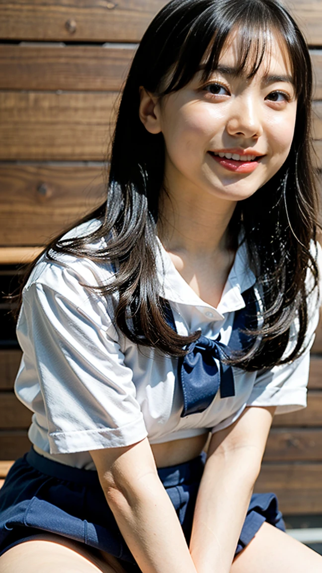 ((highest quality、8k、masterpiece:1.3)),((((cowboy shot)))),Ultra-high resolution,big eyes,Japanese,bangs,(a girl),(1 girl),((20 years old)),((facing at viewer)),(long hair),(((black sailor uniform))),grin,((sitting on chair)),(pleated mini skirt),(((pussy))),((pubic hair)),((skirt lift)),((short crew socks))