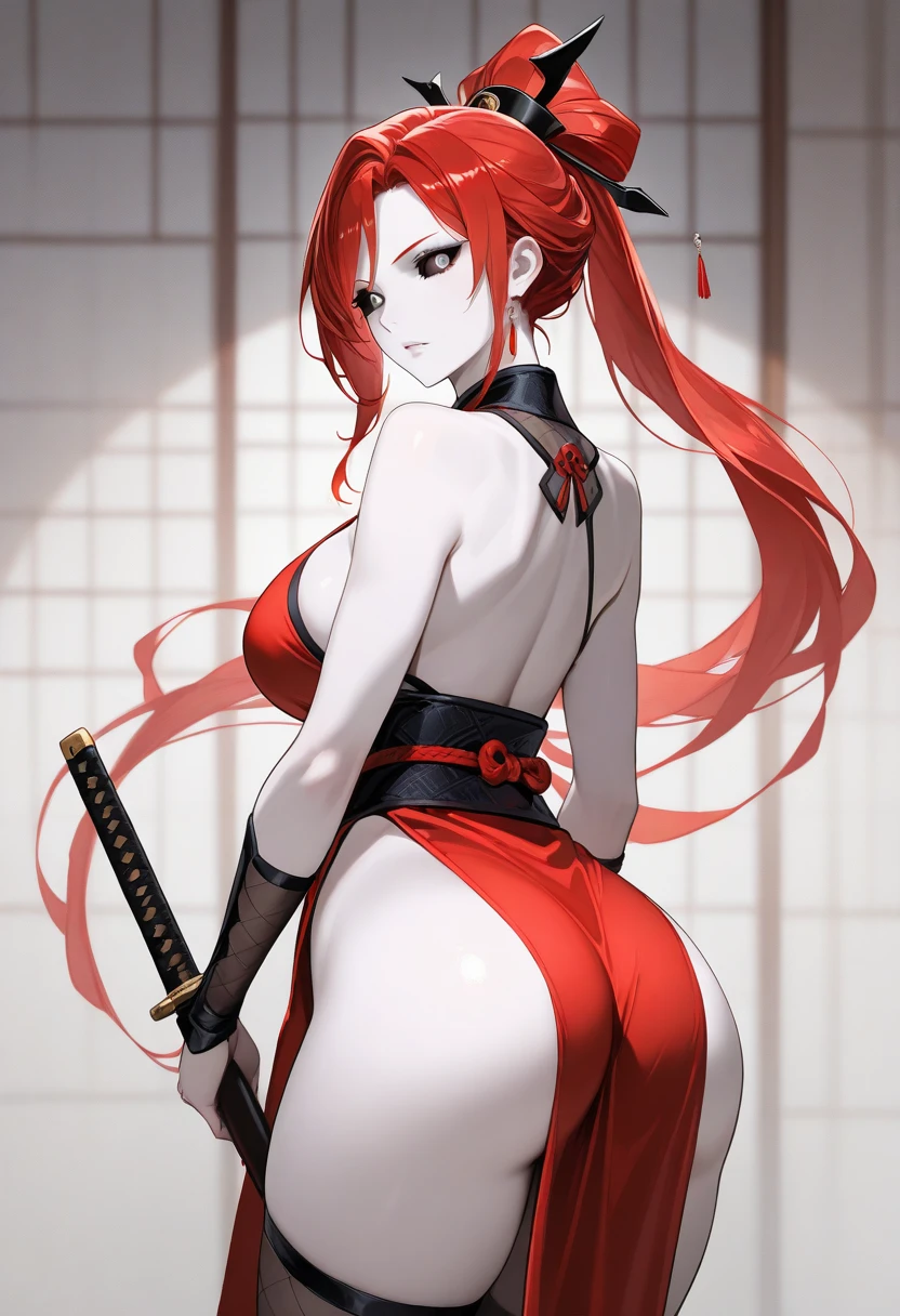 4K,High resolution,one woman,redhead,long hair,blue eyes,big breasts,ninja,White priestess uniform,side boob,Japanese sword,japanese town