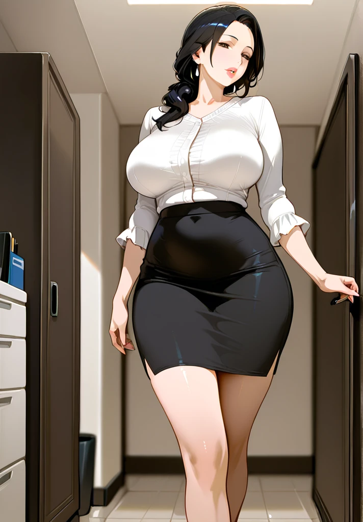 A young woman with short black hair, grey eyes, medium sized breasts, large hips. She is wearing a white dress shirt and black pants. She is looking at the viewer, and her easy expression is sensual. Full body. The setting is a luxurious place at night . Masterpiece, high quality.