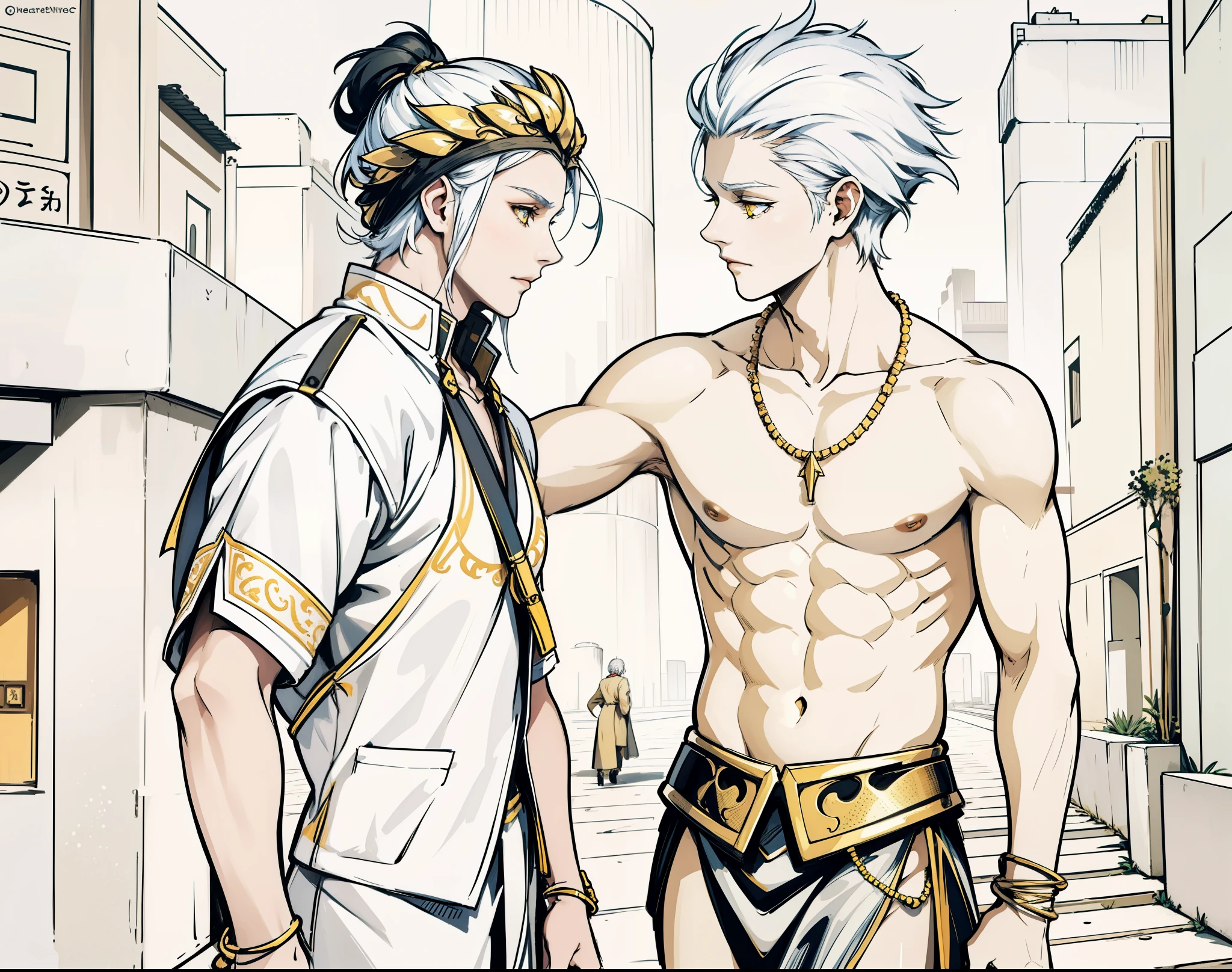 The image features an anime-style character with gray hair and golden eyes. He is wearing gold accessories, including armbands and a necklace. The character is shirtless, showing a well-defined muscular torso, and is wearing a purple cloth around his waist with decorative elements. He appears relaxed, with his arms behind his head, against a dark, possibly starry, background.