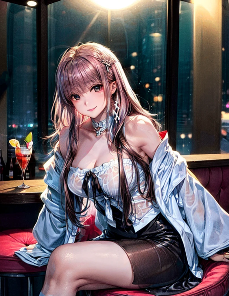 (Masterpiece, BestQuality:1.3), (ultra detailed:1.2), (hyperrealistic:1.3), (RAW photo:1.2), High detail RAW color photo, professional photograph, (Photorealistic:1.4), (realistic:1.4), (Pink Hair:1.5), professional lighting, perfect anatomy, (Big Breasts:1.2), (blush, detailed face), (A happy smile:1.7), Trending Hair&Trending Hairカラーをランダムに, earrings, necklace, bracelet, sexly, erotic sexly, Random sexy gravure poses, (Beautiful woman wearing a black tight skirt、Leaning on the counter of a chic bar、Tempting smile、Playing with her long hair、Showing off legs through a slit in her skirt。:1.3)