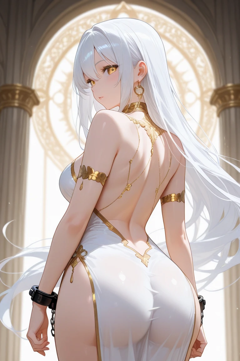 Best Quality, Masterpiece, detailed,
 GranartNeedakita,
1 girl, Closed mouth, SMILE,
Dark skin, by white, very long hair, yellow eyes, slit pupils, cat ears,
egyptian clothing, collar, golden ornaments, halter neck, armor, neckline,
standing, looking at the viewer, (in front of the viewer:1.2), hands on one&#39;s hips,
arena, stone