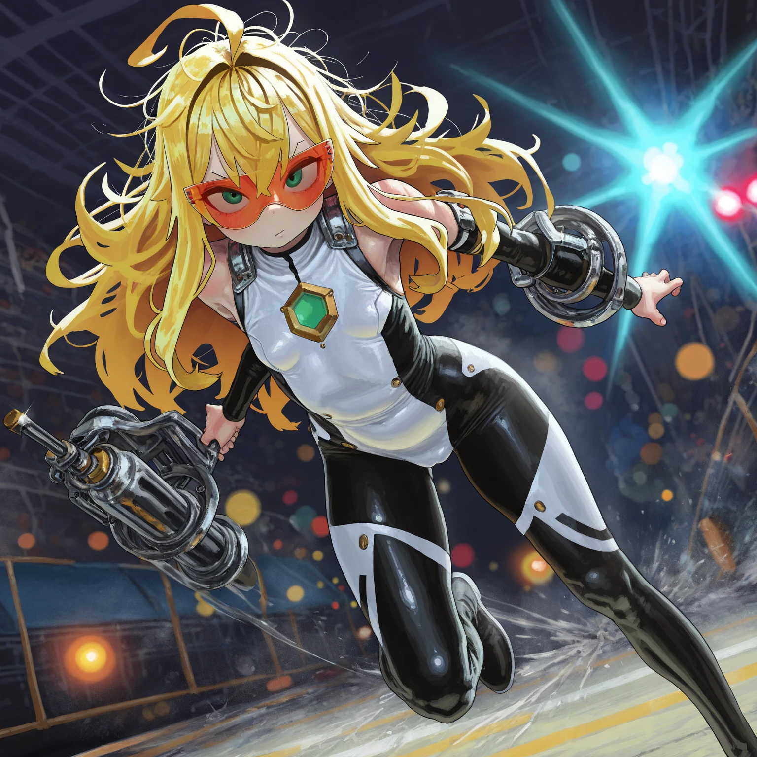 1girl, Magik, arms up, armpit, yellow and black costume
