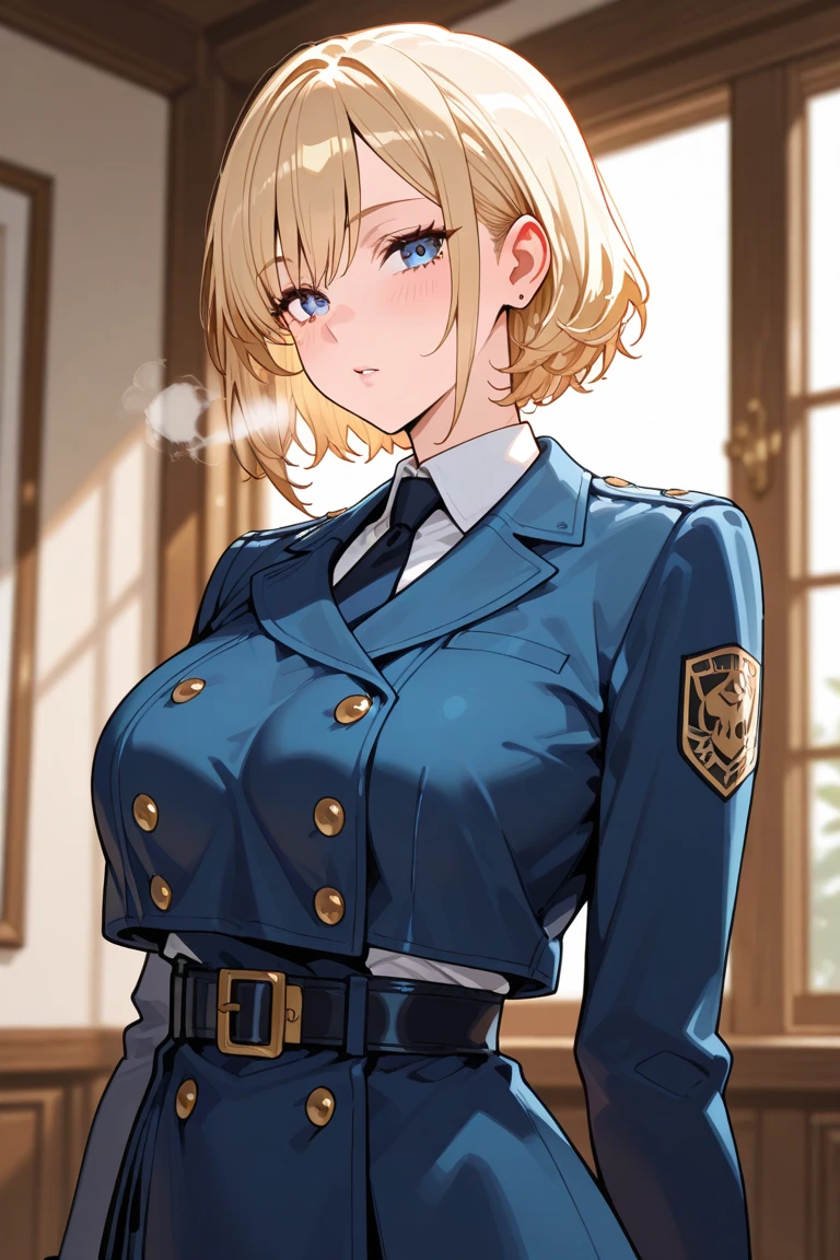 ((high quality)), ((highest quality)), (masterpiece), delinquent girl, tough appearance, sharp eyes, golden eyes, short hairstyle, dirty blonde hair color, (angry face), rough face, big breasts, black leather jacket, white shirt, alley, curvy body, mature face