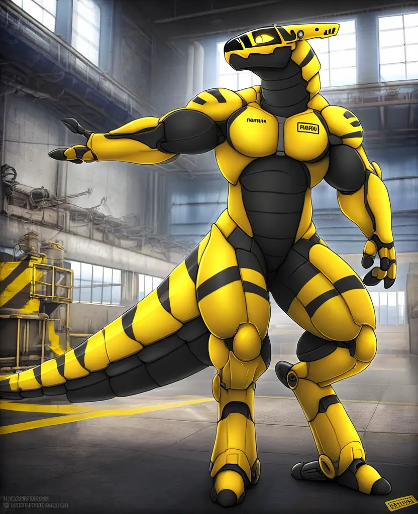 <lora:fluffyrock-quality-tags-v4:1> best quality, good quality, <lora:Synths-VaderFRL27:1.0> (synth \(vader-san\), synthspecies, synthbod:1.1), full-length portrait, digitigrade, slit pupils, thick tail, solo, anthro, male, (grey body:1.1), orange body, (orange belly:1.1), two tone body, robot, nude, blue eyes, open mouth, blue mouth, blue tongue, (black horn, ridged horn, 2 horns:1.25), big butt, side view, standing, wide hips, thick thighs, girly, 2 toes, 3 fingers, detailed background, outside, blue sky, cloud, city, ruin, vine, tree, jungle