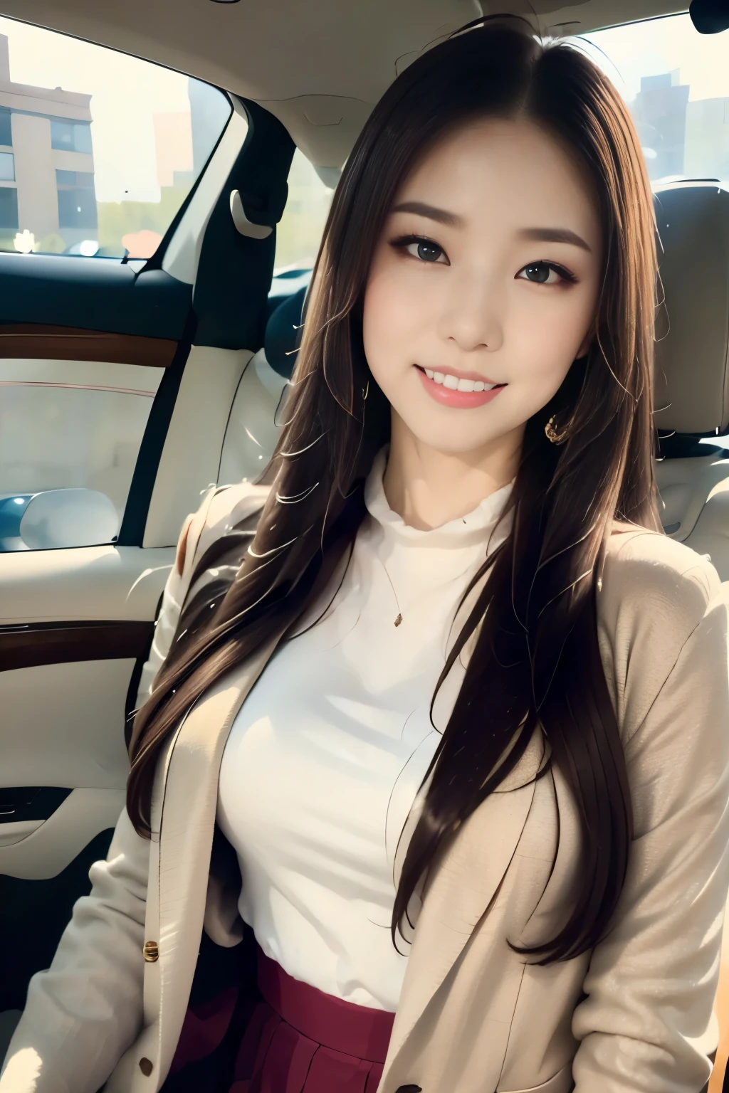 (1 cute Korean star), ((best quality, 8k, masterpiece: 1.3)), focus: 1.2, perfect body beauty: 1.4, ((air bangs: 1.2)), , (night, street: 1.3), highly detailed face and skin texture, delicate eyes, double eyelids, whitened skin, (long hair: 1.3), (round face: 1.5), (shoulder skirt: 1.6).  Smile, inside the car