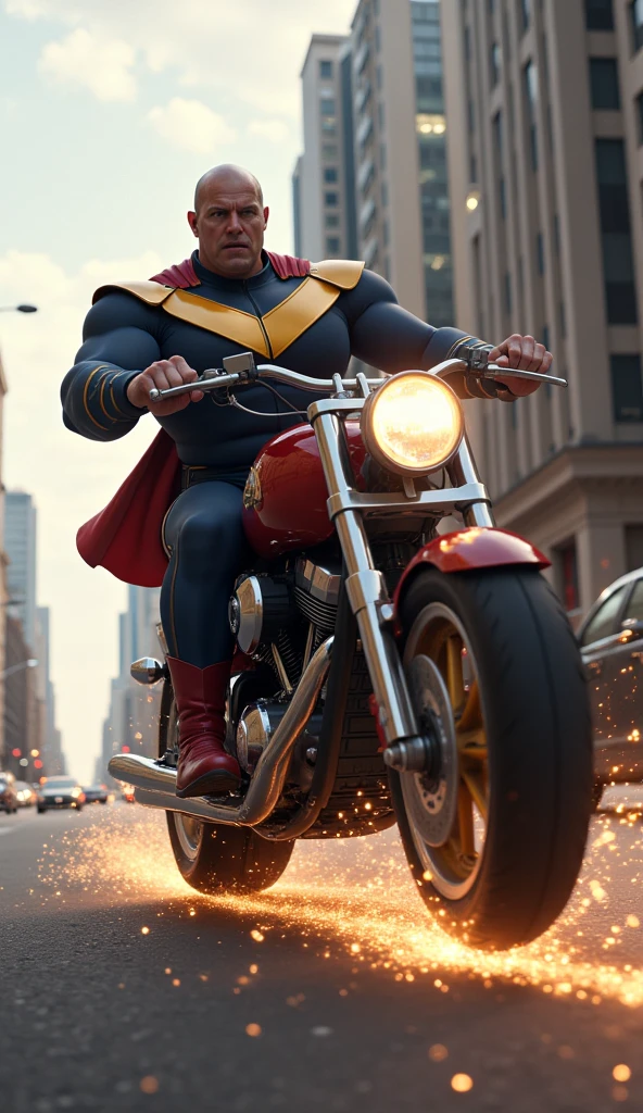 Imagine a Parrot as ifere the Captain Marvel own superhero , with muscular and vibrant paint job that mimics his skin . The grill resembles his fierce facial expressions , and the wheels are styled to look like his massive fists . How would this Captain Marvel themed parrot handle the streets