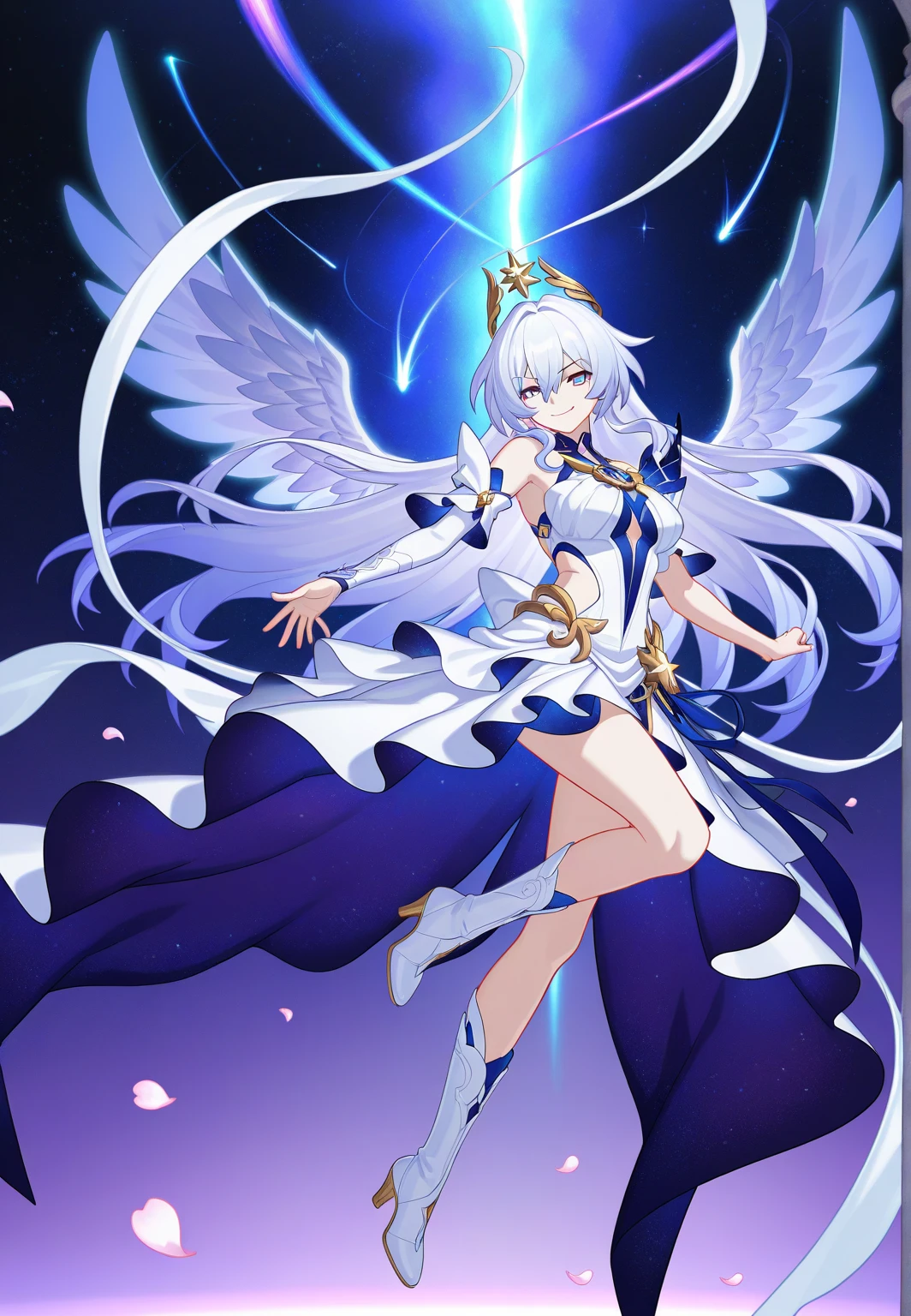 anime girl in white dress with cape and gold belt waving, hestia, anime visual of a cute girl, albedo from the anime overlord, dressed like a cleric, albedo from overlord, anime goddess, black - haired mage, cute anime waifu in a nice dress, anime moe artstyle, cleric, official artwork, azur lane style