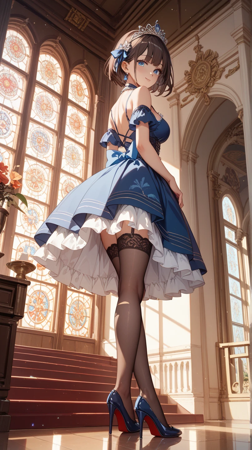 10 year old girl underwear, Kind Face, Realistic bloomers made from patterned cotton fabric, Medieval one-piece dress with panniers, corset,Fabric Realism, Low - Angle, You can see the drawer, Pull up the dress by hand, Semi-transparent bloomers, Strong winds, Translucent slip, Translucent slip, tights, Highest quality, Crotch close-up, whole body