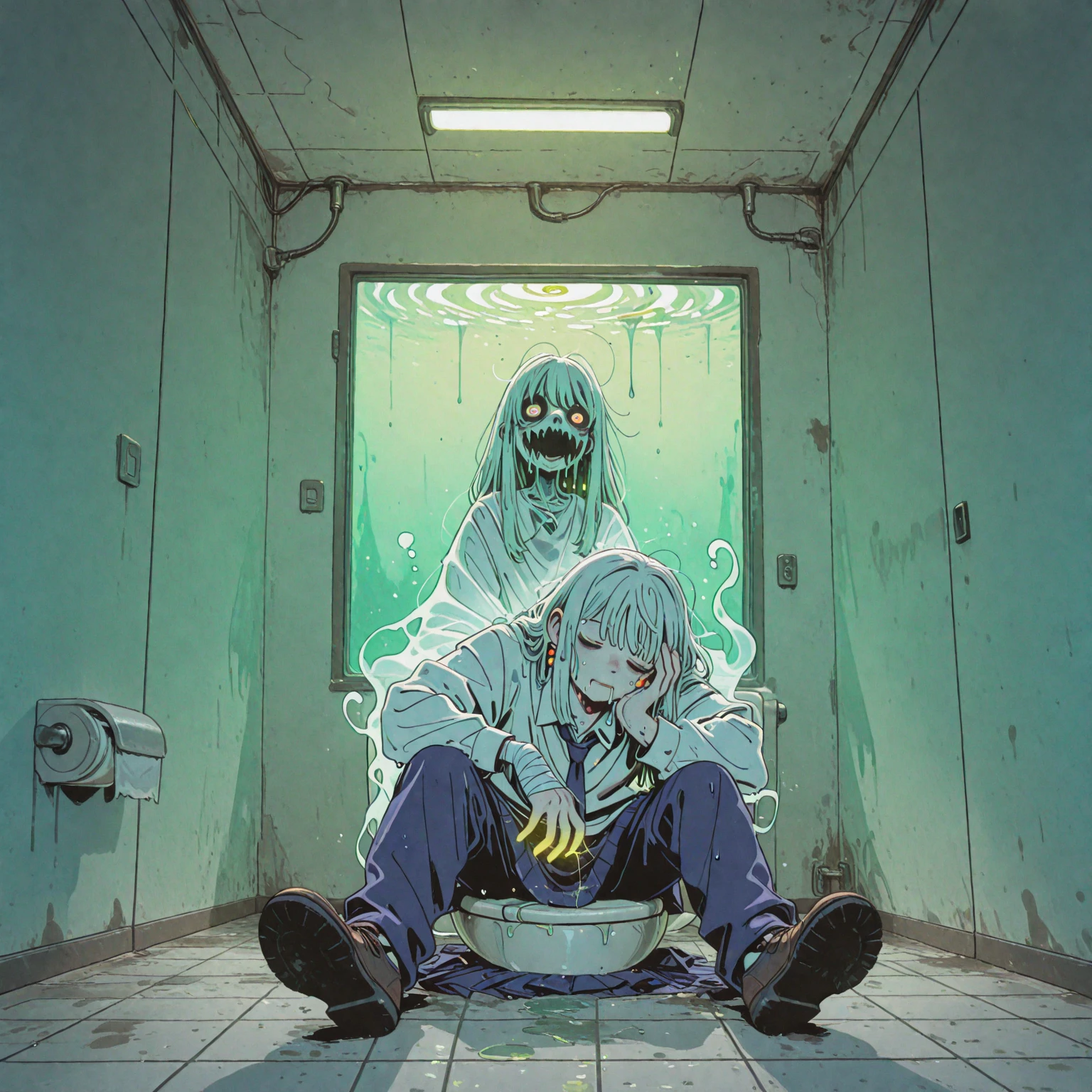 protective clothing, toxic liquid, (anime), bizarre scenario, This is Junji, Yusuke Murata, black and white, 8K, anime, horror
