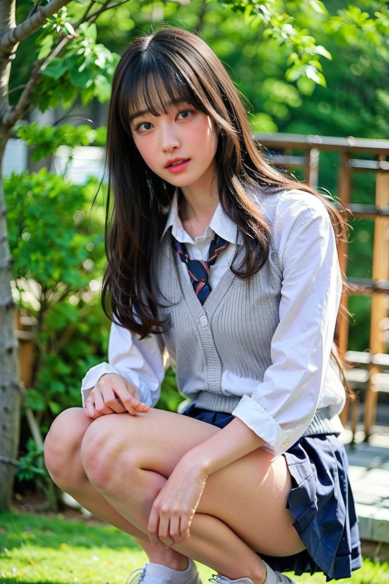 One girl, Very cute face, Great face and eyes, (Highly detailed eyes, Highly detailed face), (超Realisticな, High resolution), (highest quality:1.4), RAW Photos, (Realistic, Photorealistic:1.37), Professional photography, Cinematic Light, (lace bra:1.25), (Great breasts:0.8), (school uniform, Pleated mini skirt:1.5), (school uniform with open breasts), Smile a little, Sitting, Spread your legs wide, Look at me, Outdoor, Pasture, grass, bench、((Fine dot pattern panties:1.5)), ((Squat with your legs apart:1.5))、