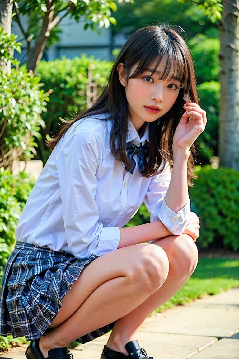High heel earrings、美しいlipsのピアス、笑いと笑顔のlips、顔のlipsをからかいます, lipstick color、Pink lipstick、lips、メイクでセクシーに見える 輝く赤いリップ ピンクのlips リップピアス 見た目がゴージャス ジューシーな深いハマグリ クリーム 高い肌 剃りたてのlipsでlipsを洗浄 髪をドレッシング ゴージャスな口紅リップシクルピンク, 32K, Highest quality, masterpiece, Realistic, Very detailed, photograph, High resolution, 行photograph, High resolution, Confused, Smoother light, Official Art, Written boundary depth, Bright light, close, thin, Detailed face, anger, 目の中のBeautiful details, 韓国人 1 person, cute, Highest quality real texture skin, T-Shirts,photograph,1 person, cute, Angry face, Mouth closed, Beautiful details, Beautiful Nose,Beautiful Hair,Twin tails,Thighs,University Uniforms,A simple dark blue satin blazer,Satin White Blouse,A bow tie,Pleated skirt,School, (The skirt and tie are dark blue tartan check pattern...:1.3),(スカートのチェック柄が少しthin..:1.2),(Wear loafers on bare feet:1.4) ,Thighsにクローズアップ,avert your eyes,