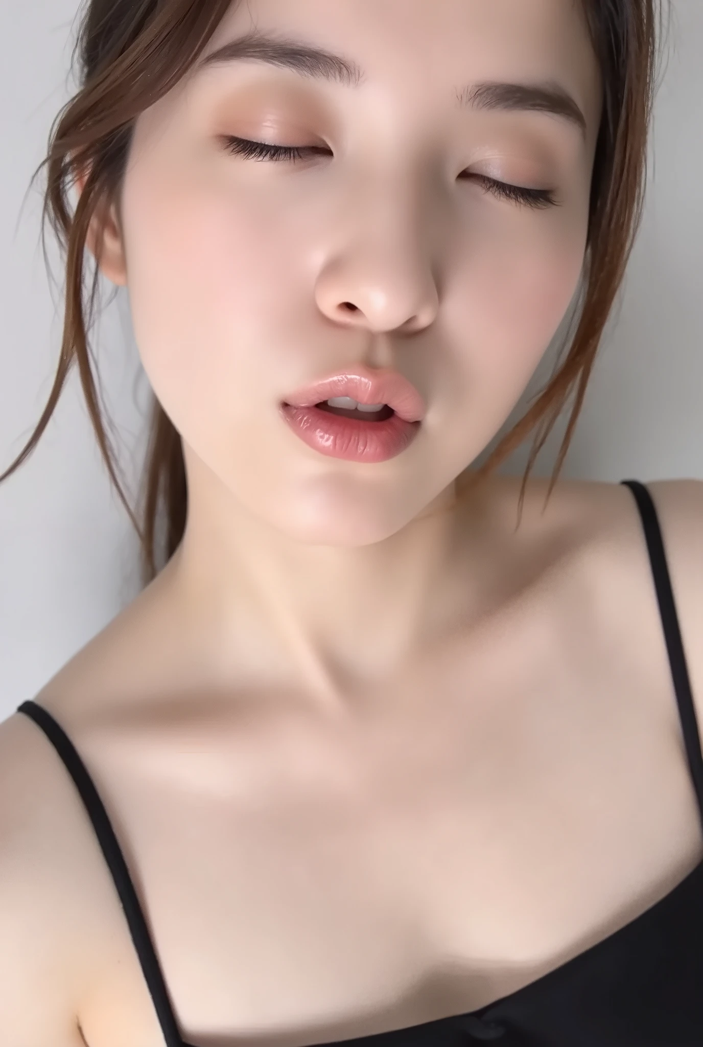ultra-detailed close-up of a beautiful modern girl, collarbone-up composition, white studio background, soft natural lighting, soft focus on background,
camera angle slightly elevated (about 60 degrees), subject's chin gently raised, head and face facing forward, body posture suggesting slight tiptoeing,
eyes gently closed, dreamy and euphoric expression, cheeks and ears flushed with bashful blush, lips tightly puckered and strongly protruding,
mouth forming a rounded "O" shape like whistling or blowing a kiss, kissy lips, extremely glossy and moist lips with shimmering highlights,
natural-looking shiny lip gloss as the only makeup, skin is matte with visible peach fuzz and realistic pores,
subtle facial contour blur to guide viewer’s gaze toward lips, cute and soft dere-dere mood,
deeply affectionate smile while puckering, hands behind the back and not visible, black camisole straps slightly visible,
overall overflowing with affection, adorably seductive and shy charm, longing and dazed joy, subtly coquettish expression,
no vintage look, fully modern skin tone, hair texture and color corrected to current aesthetic standards