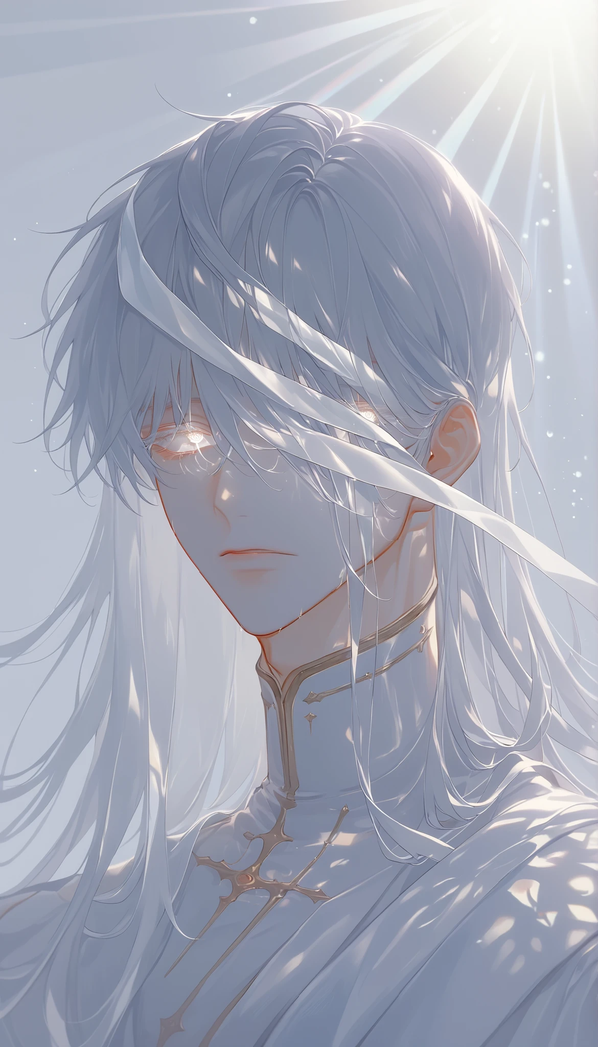 Anime, A Man with White Hair and Blindfolded Eyes, Showcased, Guvitz at Pixiv Art Station, Gray Haired God, Guvitz in ArtStation pixiv, Guvitz-style artwork, Art Nouveau Core and Charlie Bovoort, detailed digital anime art, Rostelland 8 K, Best Art Station for Fan Art, Guvitz