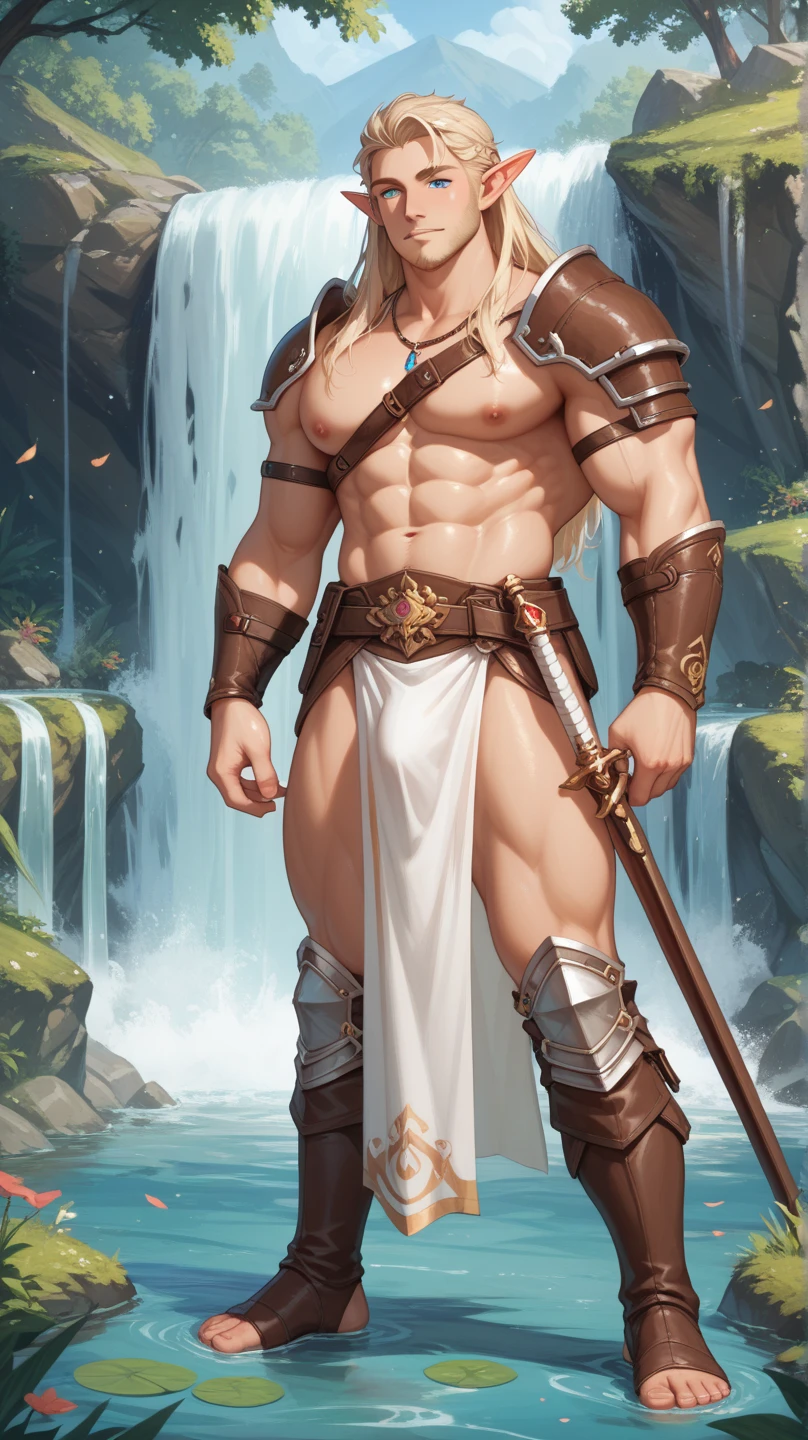 Powerful warrior, upper torso unveiled, lower body uncovered from thighs to feet, cascading long curls, meticulous muscle definition, lifelike depiction, 4K resolution. Background: Mythical fantasy landscape.,32k uhd, best quality, masterpiece, super detail, high details