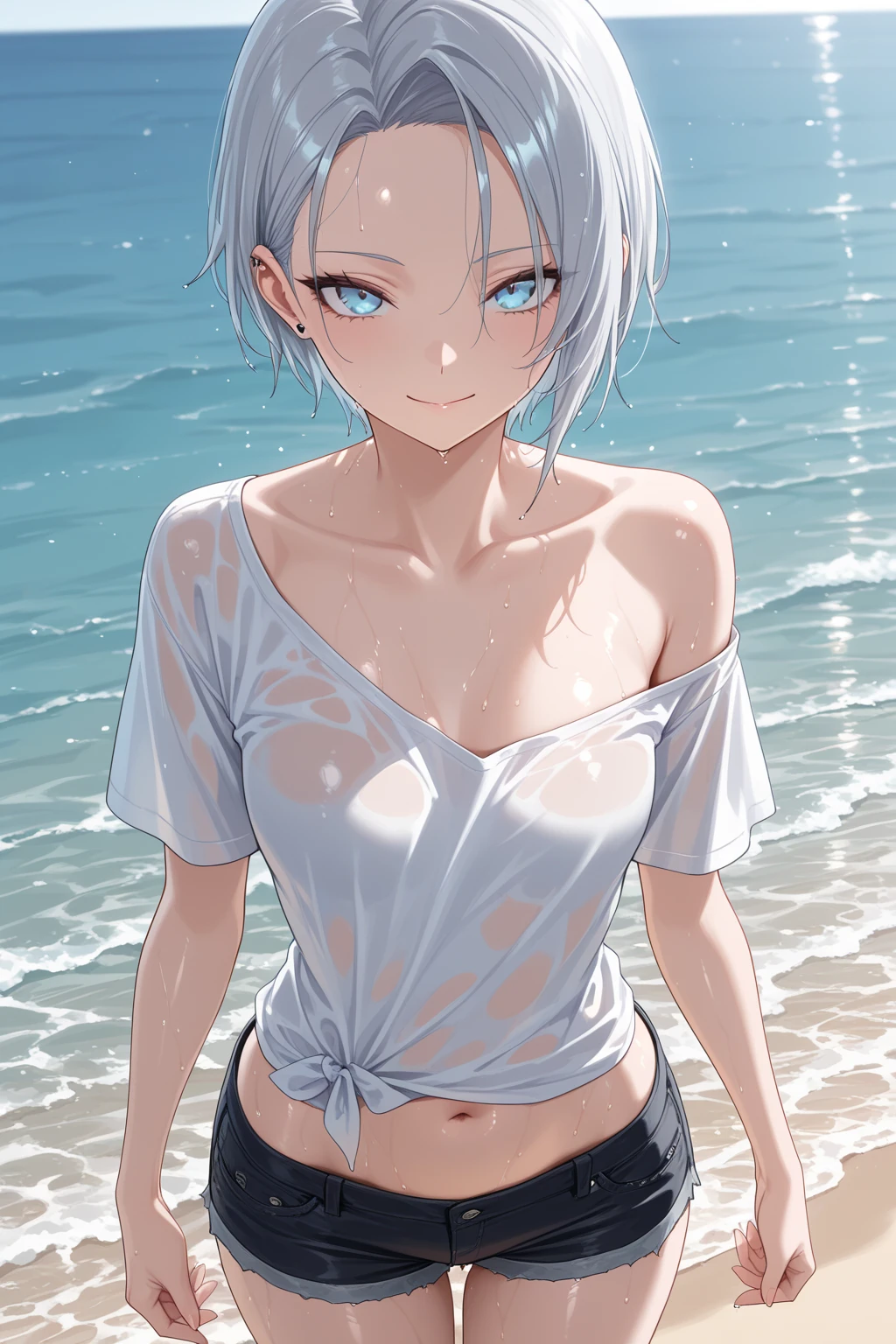 1 girl, 10 years old, ((masterpiece)), (erectile nipples), white camisole, Dark skin, Ponytail, silver short hair, (five finger), wet, sideboob, looking at viewer, sky, sad smile, spread legs