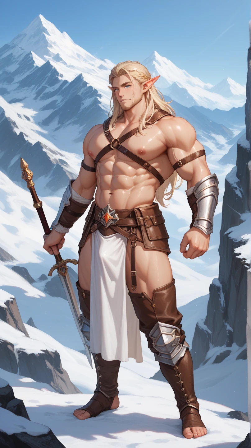 a white orc with bow in hand, snowy mountainous background, looking at camera, leather armor, detailed facial features, beautiful detailed eyes, beautiful detailed lips, extremely detailed eyes and face, long eyelashes, muscular body, detailed clothing textures, dramatic lighting, cinematic composition, fantasy art, epic scale, hyperrealistic, 8k, high quality, masterpiece, photorealistic