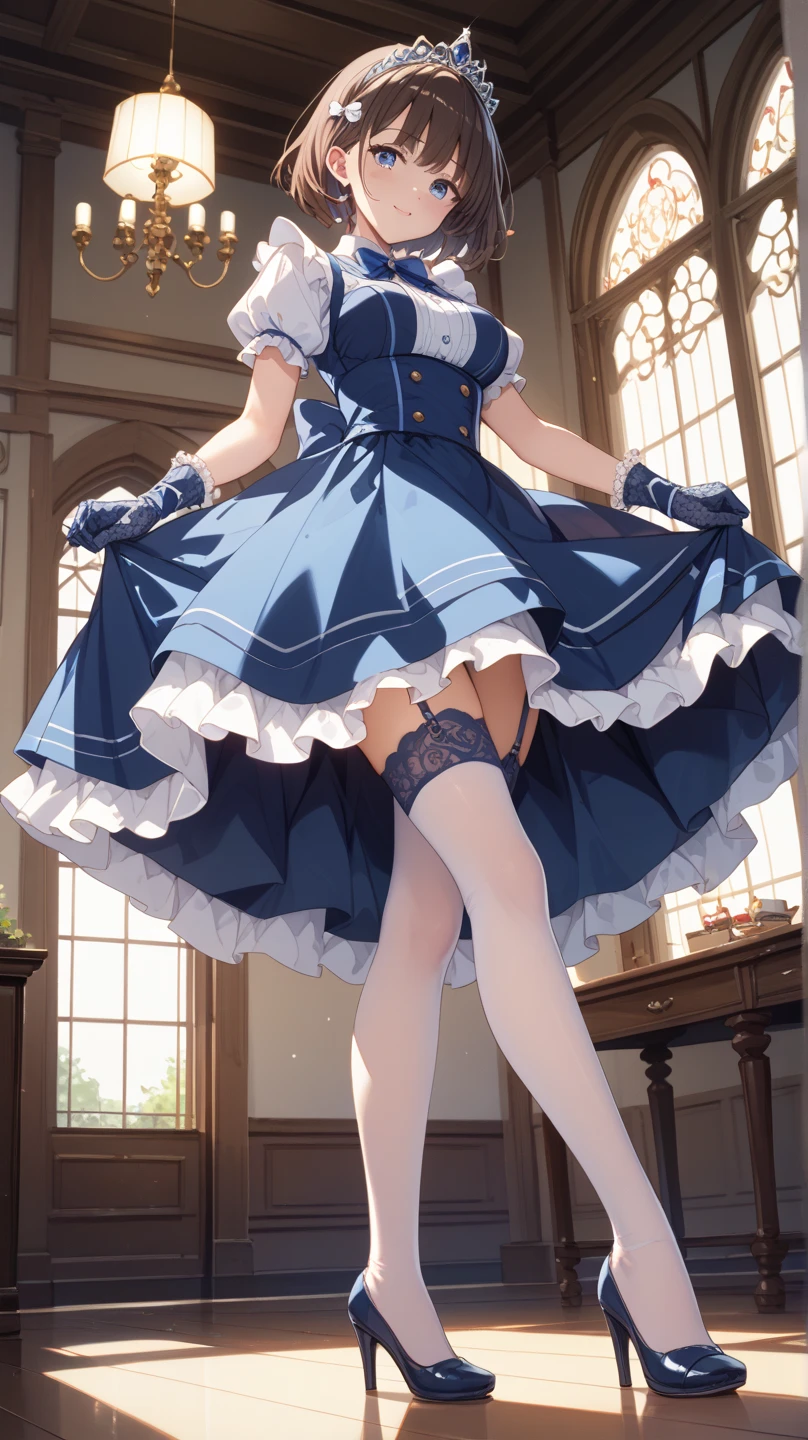 1 girl, Wearing a blue and white gown, frilled petticoat, stockings, exposed crotch, panties, long dress, arm sleeves, crown