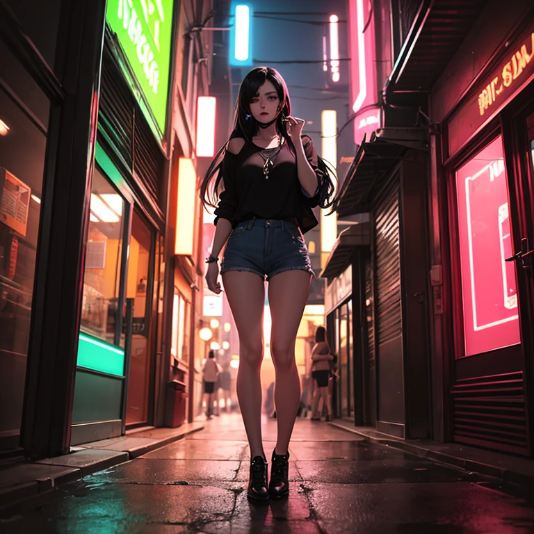 8k, Realistic Skin Texture, Realistic Photo, Neo Tokyo, slim Japanese women, large-breast:1.3 cleavage:1.2, AD2050 at night, Dirty hunting jacket, Wearing tube top, miniskirt, (((black sunglasses, automatic rifle, sneakers, cold, shooting pose, low angle view))), Innovative composition, revenge, cyberpunk, blade runner worldview, Large neon sign, Geisha hologram sign, Strong Wakamoto Sign.