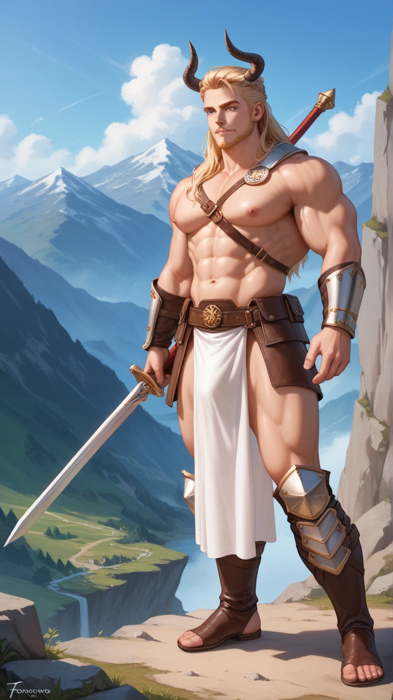 (best quality), masterpiece, ultra-detailed, guy,goatee facial hair, muscular physique,full body portrait,blonde hair,intense blue eyes,stream,forest,hairly chest,loincloth