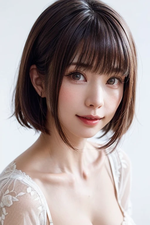 ((masterpiece, Highest quality, High resolution、Realisticですべてが美しく詳細に描かれている)), 1 person, (Realistic: 1.4), alone, White Background, snow-White Background, Mouth closed, smile, smile, Beautiful black hair, short hair, Big eyes, Transparent double eyelids, eyelash, Listen carefully, Long neck, 美しくLong neck, Put out your ears:1.6、Absolute area, ((Face close-up)), (Draw the whole head, shoulder), 1, Attractive proportions, Glowing Skin, Beautiful clavicle, Golden ratio face, Perfect Face, Teardrop-shaped mole, chestのほくろ, bangs, clean bangs, beautiful bangs, Lip gloss, Thin lips, Fair skin, naked, Big Breasts, {Huge|big|Hugeな|Mega} chest:2, chestの谷間:2,chestの谷間を見せる、Small face, Small face, All the heads are painted, shoulder all drawn, Point slightly above the camera