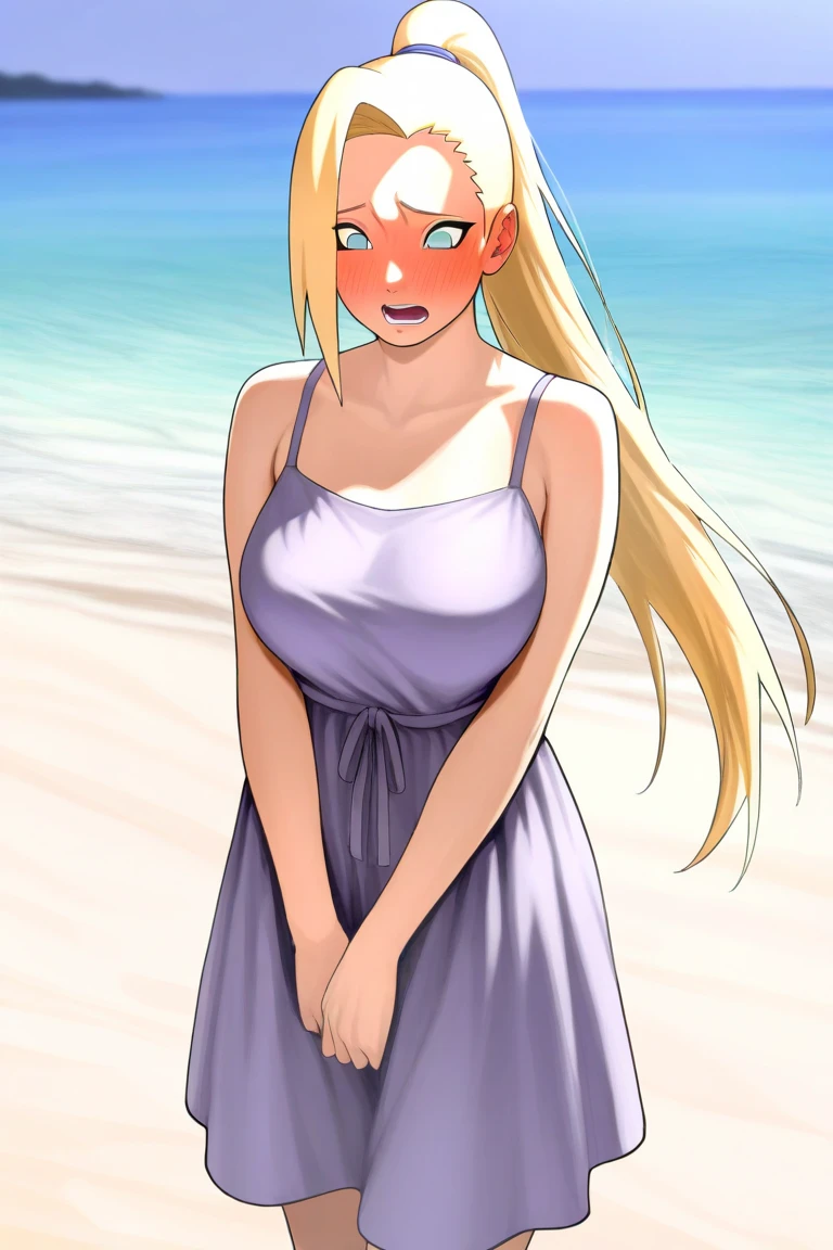 Yamanaka Ino, Summer dress, short lilac dress, lifted dress, dropped right shoulder strap, showing right breast, right nipple, wind, white panties, pussy, playa, standing, medium breasts, perfect legs, perfect arms, pose sexy, perfect body, noon, forehead