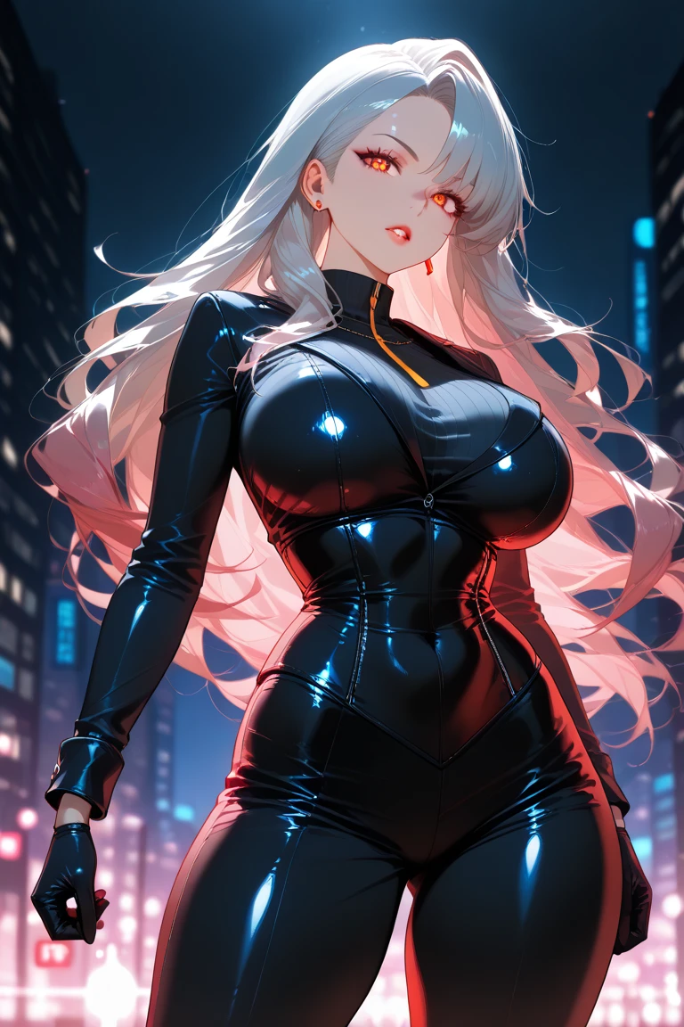 beautiful detailed eyes,full and glossy lips,fit and slender body, wearing a sparkling silver dress, standing in front of the famous Las Vegas strip, surrounded by bright neon lights and futuristic skyscrapers, her confident and captivating smile catching the attention of everyone passing by, creating an enigmatic and intriguing atmosphere. The artwork is created using advanced 3D rendering techniques, showcasing ultra-detailed and realistic features of the woman, with every strand of her long white hair meticulously designed and rendered. The overall composition exudes a sense of glamour and sophistication, with vibrant colors and dynamic lighting effects highlighting the beauty and grace of the subject. The masterpiece captures the essence of the Las Vegas nightlife, combining elegance, allure, and contemporary aesthetics in a visually stunning and captivating manner.