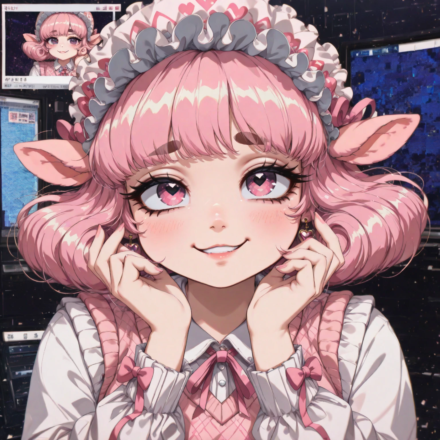 ski style, 1 girl, Alone, pink hair, animal ears, Blue eyes, Alas, looking at the viewer, hits, short hair, bow, sailor collar, white sailor collar, hair bow, pink bow, Closed mouth, shirt, white shirt, bear ears, bob cut, mini Alas, portrait, detached Alas, make up, Upper part of the body, City in the background