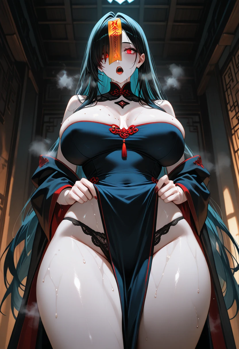 A demon girl with red horns on her head,Beauty,Black hair,Red eyes,Evil,Sexy,Big breasts,Beautiful figure,((exposed)),((Pure red background))