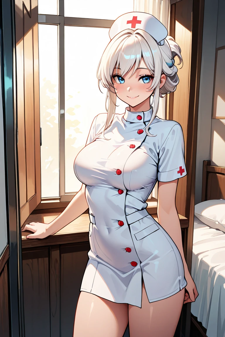 1girl, (solo:1.2), (cowboy shot:1.2), (Beautiful and detailed eyes description), (Beautiful and detailed face), Perfect female body, neat figure, slender waist, (young girl), (20 years old), long hair, platinum blonde hair, very big eyes, blue eyes, medium breasts, blush, shy, watery lips, nurse, (transparent nurse dress), nurse cap, unbuttoned, (white gloves:1.2), (white pantyhose), high heels, necklace, earrings, indoors, school nurse, hospital bed, window, white curtains, sunlight, squatting, (best quality), (ultra detailed), (masterpiece), (highres), (original), (extremely detailed CG unity 8K wallpaper), character design, game cg, detailed manga illustration,(NSFW 1.1)