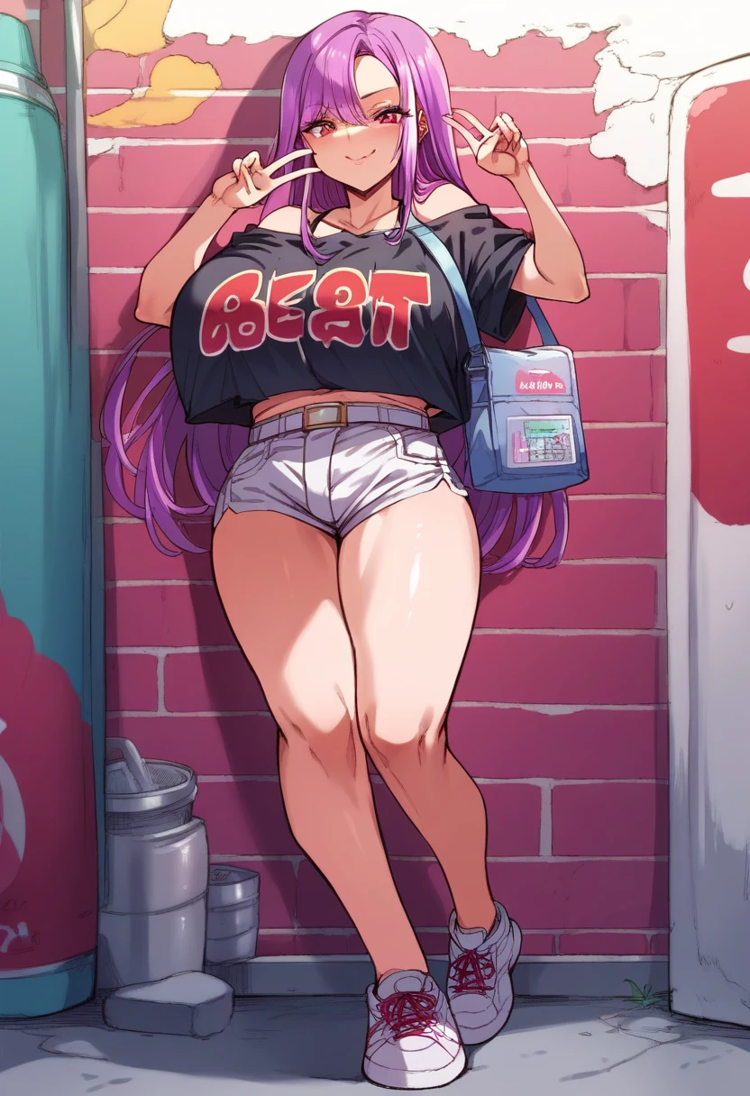 1girl, solo, transgender female, red hair, blue eyes, tan, tan skin, ganguro, long hair, wearing a black and pink anime tshirt, denim jean shorts, tanlines, makeup, wristband, lipstick, jewelry, full body, programmer socks, pink striped thigh highs,voluptuous,