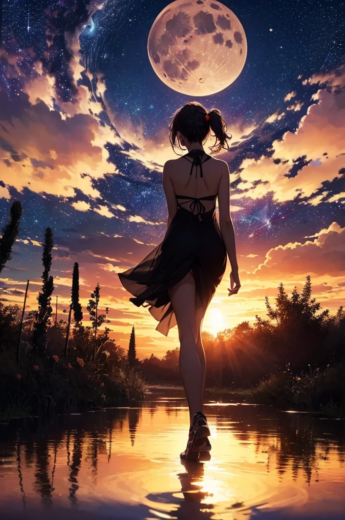 ((best quality)) , ((masterpiece)) , (detailed)，1girl，female police officer, spitting in the mountain ditch,((full body))，((Beautiful butterflies in detail)),((Beautiful stars in detail)),(((halter dress ))),particle,(Starry sky in beautiful detail),(Hazy fog),(Ruins of beautiful details),(((Standing on the surface of the sea)))