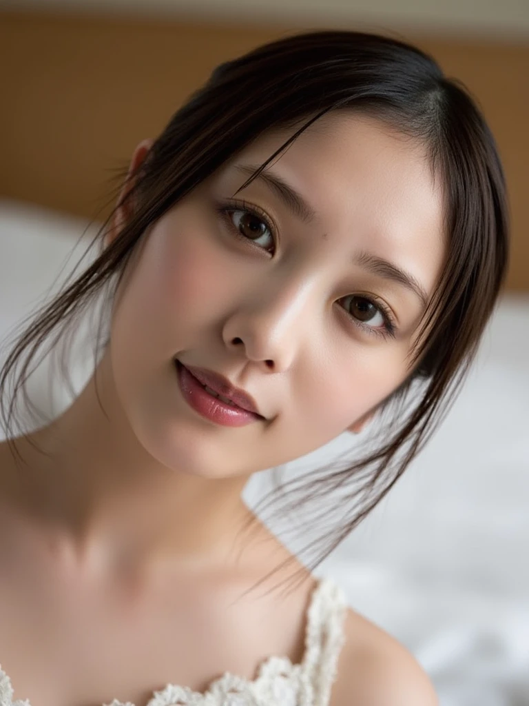 (masterpiece:1.3), (8k, Realistic, RAW Photos, Highest quality: 1.4), (One girl), Beautiful Face, (Realistic Face), Beautiful hairstyle, Realistic eyes, Beautiful details, (Realistic Skin), Beautiful Skin, Charm, Ultra-high resolution, Surreal, Very detailed, (Very small breasts:1.3), Semi-long hair, (Black Hair), Slim figure, (supermodel figures), Small Ass, (Wearing only a sheer silver lace dress), In bed at night