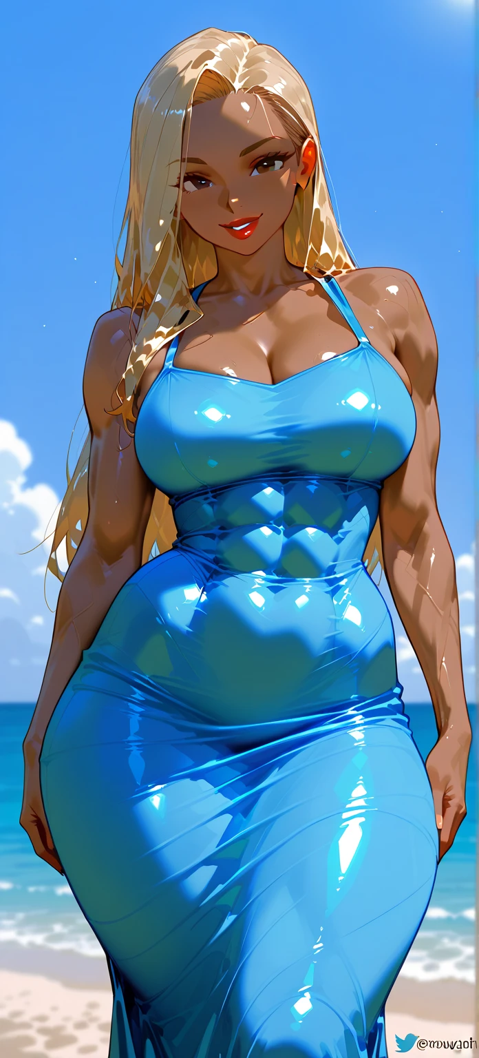 standing straight symmetrical, full body, (Best quality, 4k, Masterpiece :1.3), beautiful woman, hyper realistic, 1girl, (droopy breasts, attractive body :1.2), sit-ups :1.1, LONG BLONDE hair: 1.1, (wet rainy, wet by rain, wet body :1.2), ultra-detailed face, detailed lips, detailed eyes, double eyelid, low-necked dress, open neckline, hanging breasts, side pose, visible curves, pool party, poolside, silver transparent mantle,sunglasses, muscular MILF