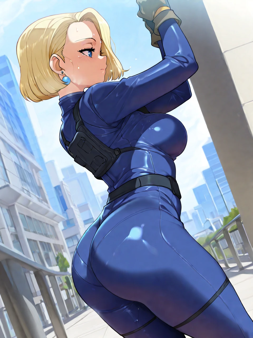 highest quality, High resolution, AND18, 1 girl, android 18, alone, golden hair, blue eyes, short hair,earrings,big breasts, frown,troubled face, Sweat,1 girl, Black tight suit, streak,looking at the viewer,stick one out&#39;turn one&#39;s butt toward the viewer,backwards