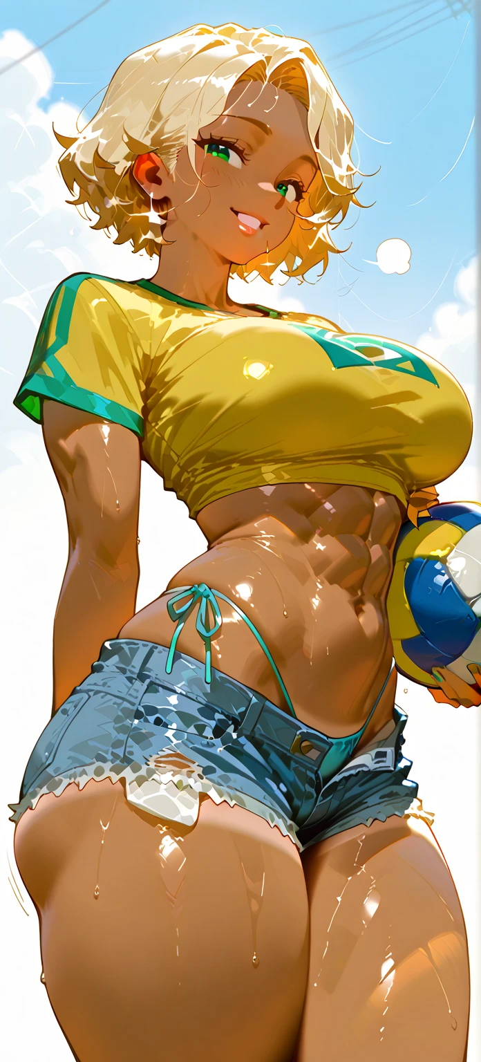 (One Woman),(female beach volley player),(Bikini-style beach volleyball uniform:1.5),((Fit-fit uniforms:1.5)),((Uniform is wet with sweat)),(short hair),(Lying on your back),(From below),(Beautiful Eyes),(Beautiful Face),(Very detailedな顔:1.5),((Very detailedな手の描画:1.5)),(Sunburned skin:1.5),((Muscular:1.5)),(Looking at me and laughing:1.5),(Thick thighs:1.5),(Well-built:1.5),(Beautiful body:1.5),(Sweaty:1.2),(Fleshy:1.5),(The background is clear sky:1.5),(((Blur the background:1.5))),(Gentle light:1.5),(Written boundary depth:1.5),BREAK(((masterpiece:1.5),(highest quality:1.5),(Very detailed:1.5),(High resolution:1.5),(Realistic:1.5),(Realistic:1.5))),8k