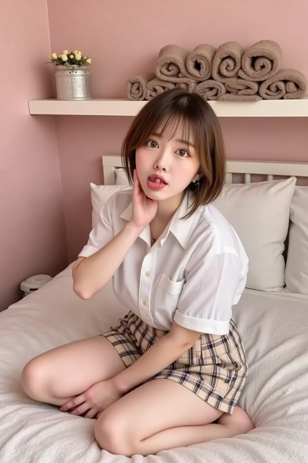 ((top quality, 8k, masterpiece: 1.3, raw photo)), Sharp Focus: 1.2, (1 aespa girl: 1.2), (Realistic, Photorealistic: 1.37), (face focus: 1.1), cute face, small breasts, flat chest, short messy hair, (white business shirt: 1.1), skirt, sitting, in the train, spread legs, sunlight, movie lighting, from below