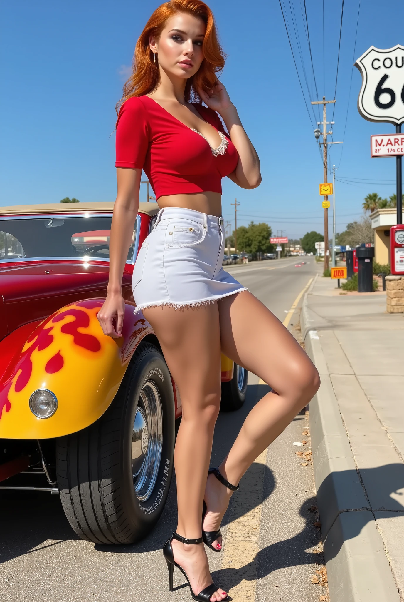 Wide angle image of a chic 1950s scene: a stunning red-haired pin-up girl stands provocatively next to a vintage gas station at a full service station on America's iconic Route 66. Her luscious hair is styled with a nostalgic touch of pin-up art from the 1950s , accentuating her hourglass-shaped, curvaceous silhouette. She sports a tight white skirt , a bold red blouse with a tempting neckline , and black tights with garters and ankle strap heels. The impressive roadster , a 1932 Ford hot rod , Shines in the sunlight , its orange and yellow flames burning brightly against the backdrop of the open road of Route 66. retina, preciso, obra-prima, super detalhe, altos detalhes, melhor qualidade, premiado, highres, high definition, 4k, 8k, 16K, Realista