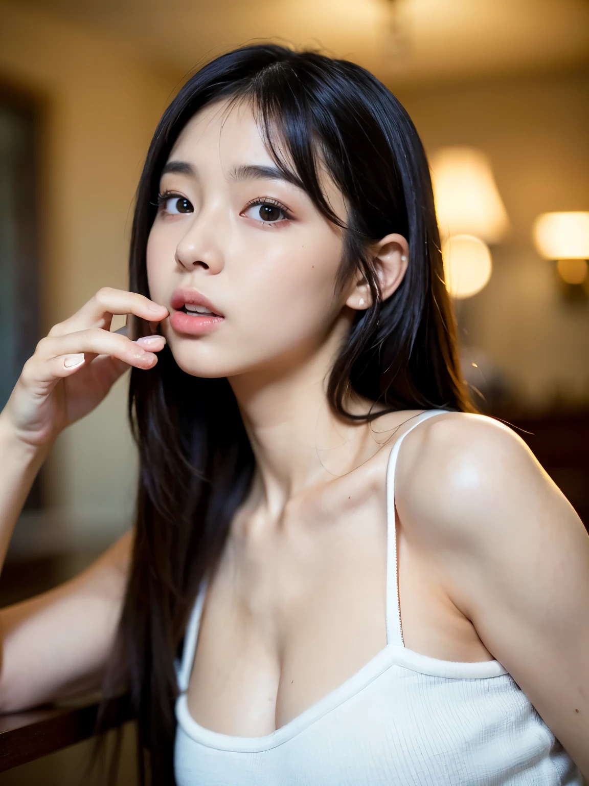 highest quality, masterpiece, ultra-high resolution, (realistic:1.4), Raw photo, 23 year old girl, ((leaning forward):1.3), ((from the front)), (white t-shirt:1.2), (Very cute face like the most popular Japanese idol, ((very beautiful big black eyes)), very beautiful hair, (long hair)、very beautiful skin, very beautiful long eyelashes, very beautiful lips, very beautiful cleavage, innocent smile, dynamic pose, Well-balanced body size, white cami-onepease