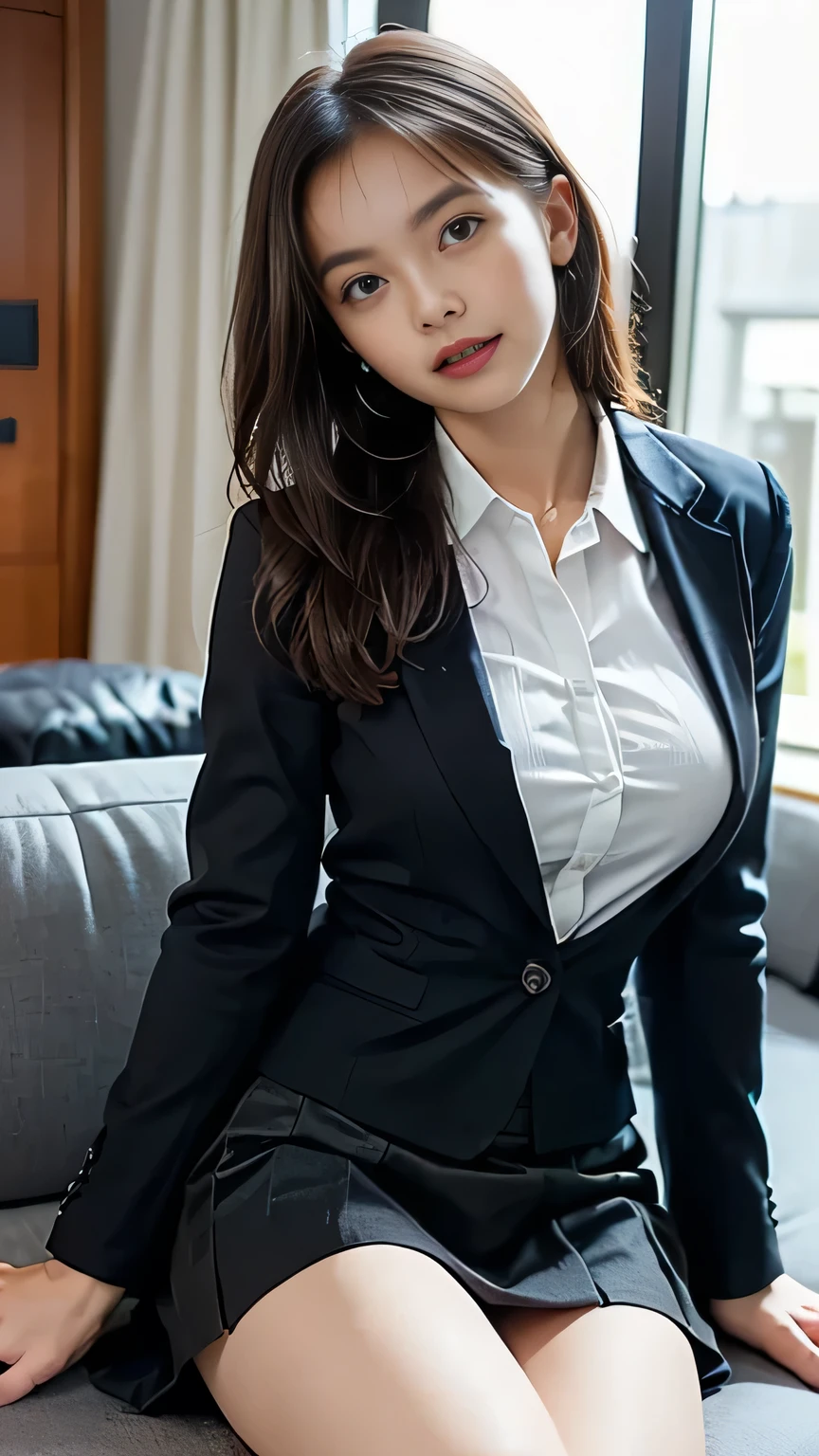 (20 Years Old Beautiful Korean Woman:1.1),(Kpop Idol、mix)、(Caucasian and Mixed)、Western Facial Features、The ultra -The high-definition、(8K、Raw photography、Best Quality、masutepiece:1.2)、Large bust、((Realistic ))、Attractive eyes、(50mm Sigma f / 1.4 ZEISS Lenses、F1.2、1 / 800 sec、ISO 100、a picture:1.1)、Classy upper-class elite secretary in business shirt, working in an office、Wearing a strict business suit, Wearing pantyhose、 Girl in a shirt, Wearing a business suit, Wearing a business suit, in a business suit, businesswoman, business clothes, wearing black business suit, Wear shirts and skirts, Woman in business suit, Business attire, business outfit, Raw photo, (8K、top-quality、masterpiece:1.2)、(intricate detailes:1.4)、(Photorealsitic:1.4)、octane renderings、Complex 3D rendering ultra detail, Studio Soft Light, Rim Lights, vibrant detail, super detailing, realistic skin textures, Detail Face, Beautiful detail eyes, Very detailed CG Unity 16k wallpaper, make - up, (detailedbackground:1.2), Exposed thighs!!!,Colossal tits、cleavage of the breast、((luxury hotel、on the beds))