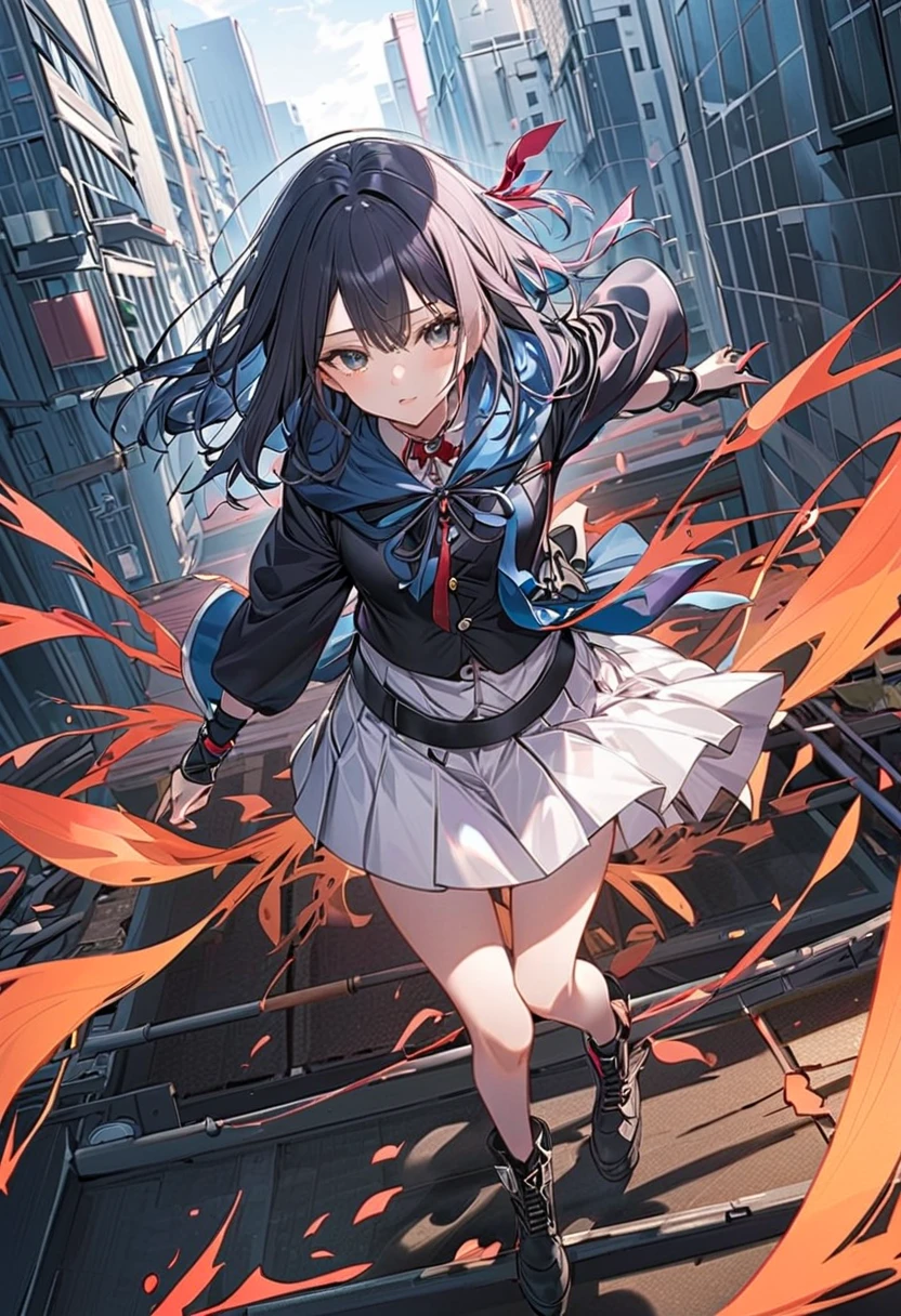 A shy physco school girl with blue and black hair holding a bloody knife and her eye was glowing red and she's smiling