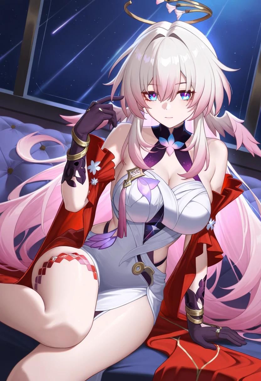 {Solitary},{Fusion},masterpiece, best quality,{masterpiece},best quality,Official Art,Extremely detailed CG unified 8k wallpaper,Perfect female body,A woman,Become a,Elbow gloves,{Huge breasts},{Very long legs},Very thin hands,beautiful eyes,Delicate face,Red Eyeshadow, {Very long hair},High heel,Mature face,posture,Very long hair,Very large ,Black pantyhose,{Charming smile},{The skirt is very short},{ganyu(genshin impact)},{yae miko(genshin impact)}