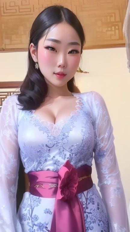 1 korea lady, wearing sexy kebaya, kebaya loose opened showing nude breasts, nipples and vagina.pink hijab, smiling, standing at ceremony, clapping hands, big breast, high slit skirt