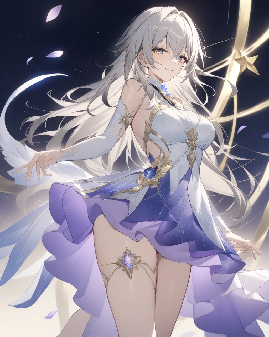 High definition RAW color art, animation,sculpture, Silver Marble Skin, (((Ultra detailed elegant))), magical atmosphere, fine skin, texture,(intricately detailed, small details, Super Detail Art), Depth of field, Bokeh,silky Touch, hyper detail, (pastel purple), beautiful eyes, elegant face, (from waist), gray white stage:1.4,  sunset, lingerie, hip, gray pubic hair