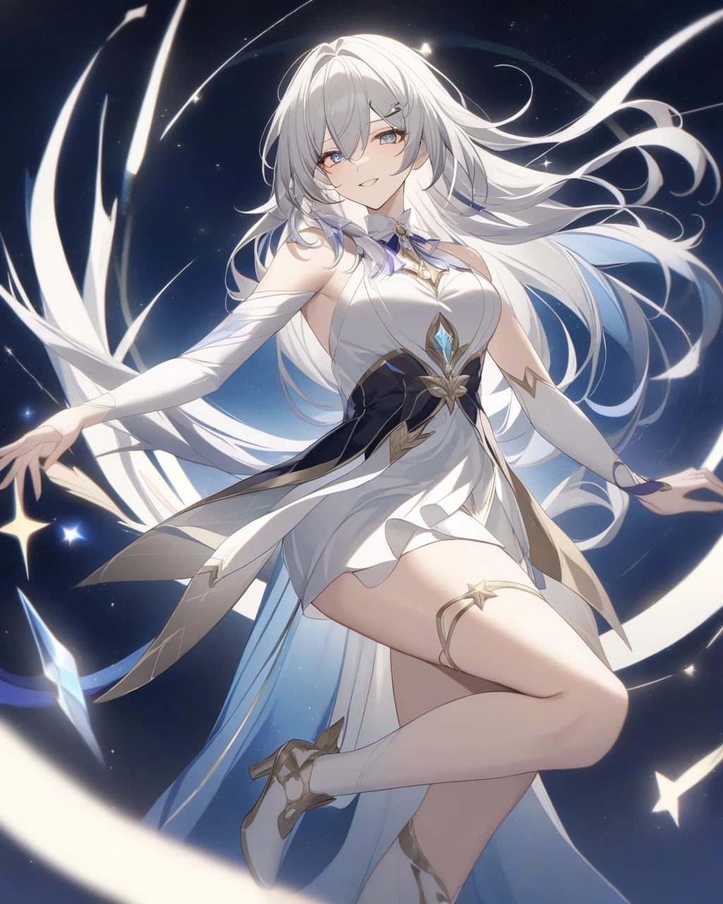 Flat lighting,elevation,sexy,A beautiful woman with supple curves,((Highest quality)), ((masterpiece)),(detailed), One girl,Silver Hair,Long Hair,Dark Skin,Wearing a black sleeveless dress,Wear black high heels,Squatting pose on top of the tower,Starry Sky,cloud,Girl with deer antlers on her head,Look away One girl,Silver Hair,Long Hair,Dark Skin,Wearing a black sleeveless dress,Wear black high heels,Squatting pose on top of the tower,Starry Sky,cloud,Girl with deer antlers on her head,Look away